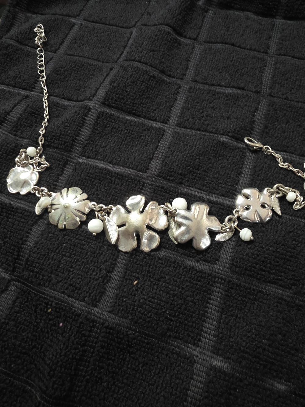 Silver Floral Statement Necklace with White Bead Accents